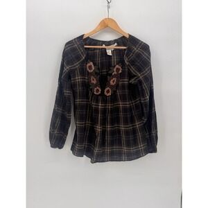 Vintage Studio Embroidered Top Flowers Cotton Plaid Fairy Core  Cottsgecore Ligh